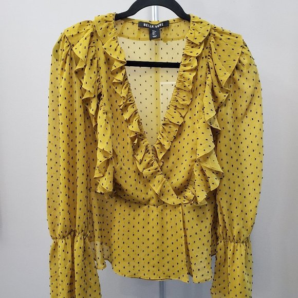 𝅺belle Vere Mustard Black Polka Dot Ruffled V-Neck Peplum Blouse Size S - Picture 1 of 6